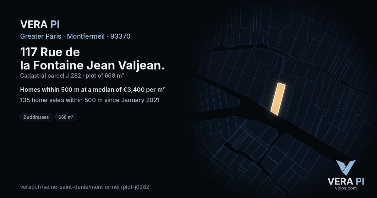 117 Rue de la Fontaine Jean Valjean, Montfermeil at night – the plot lit, the parcels around coloured by the prices near them