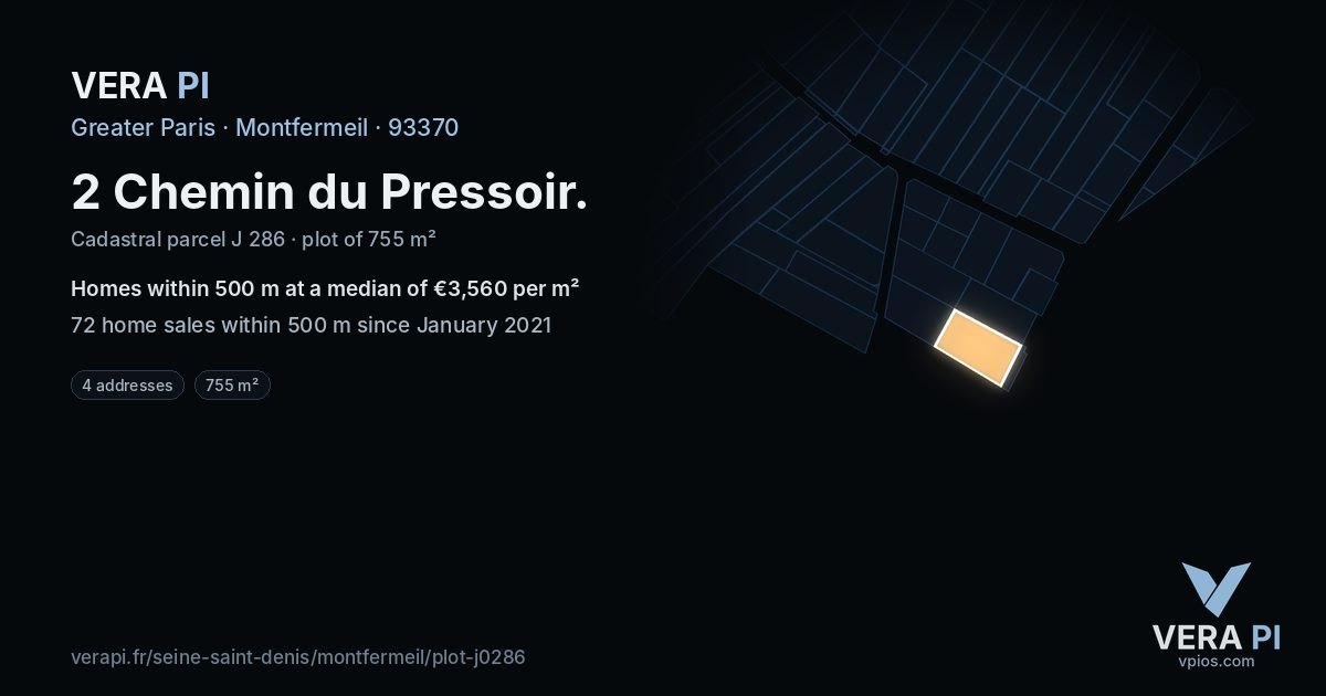 2 Chemin du Pressoir, Montfermeil at night – the plot lit, the parcels around coloured by the prices near them