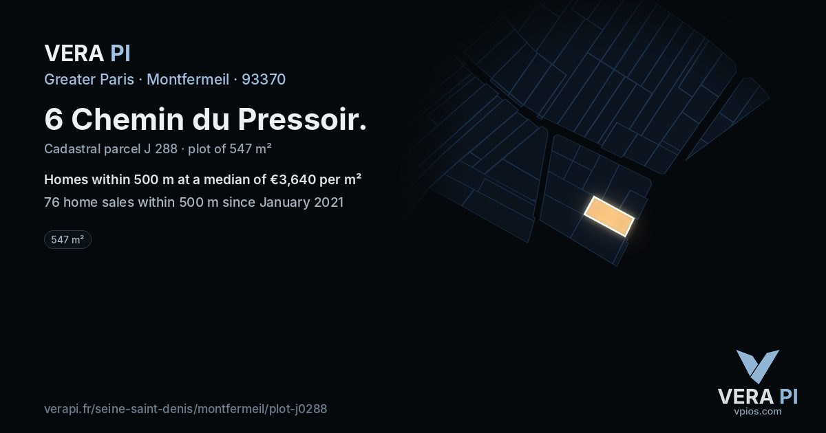 6 Chemin du Pressoir, Montfermeil at night – the plot lit, the parcels around coloured by the prices near them