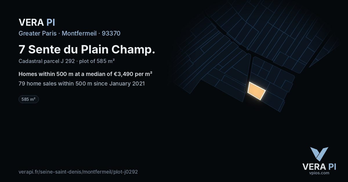 7 Sente du Plain Champ, Montfermeil at night – the plot lit, the parcels around coloured by the prices near them