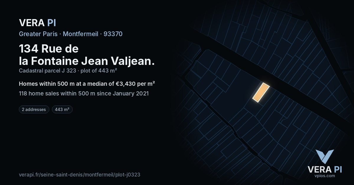 134 Rue de la Fontaine Jean Valjean, Montfermeil at night – the plot lit, the parcels around coloured by the prices near them