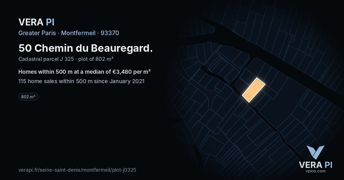 50 Chemin du Beauregard, Montfermeil at night – the plot lit, the parcels around coloured by the prices near them