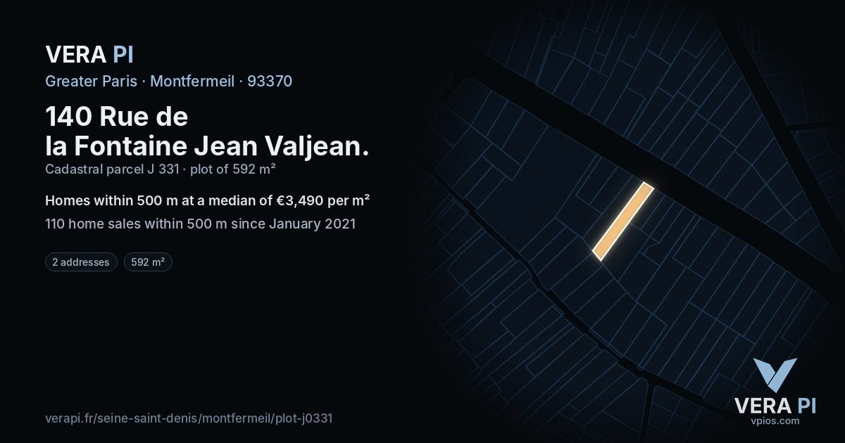 140 Rue de la Fontaine Jean Valjean, Montfermeil at night – the plot lit, the parcels around coloured by the prices near them