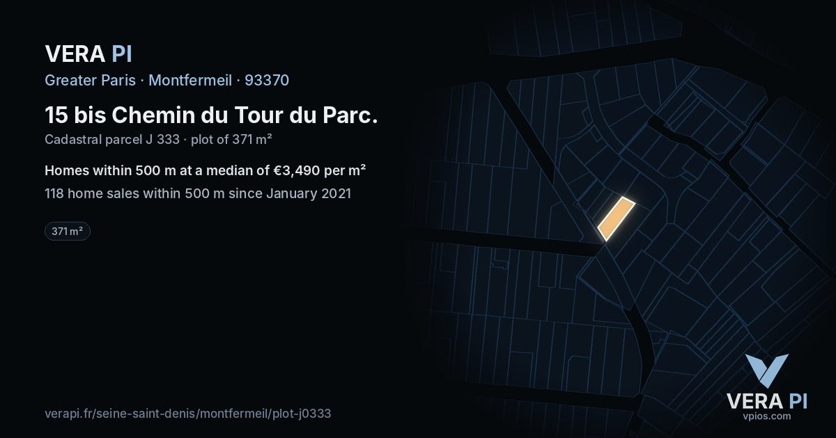 15 bis Chemin du Tour du Parc, Montfermeil at night – the plot lit, the parcels around coloured by the prices near them