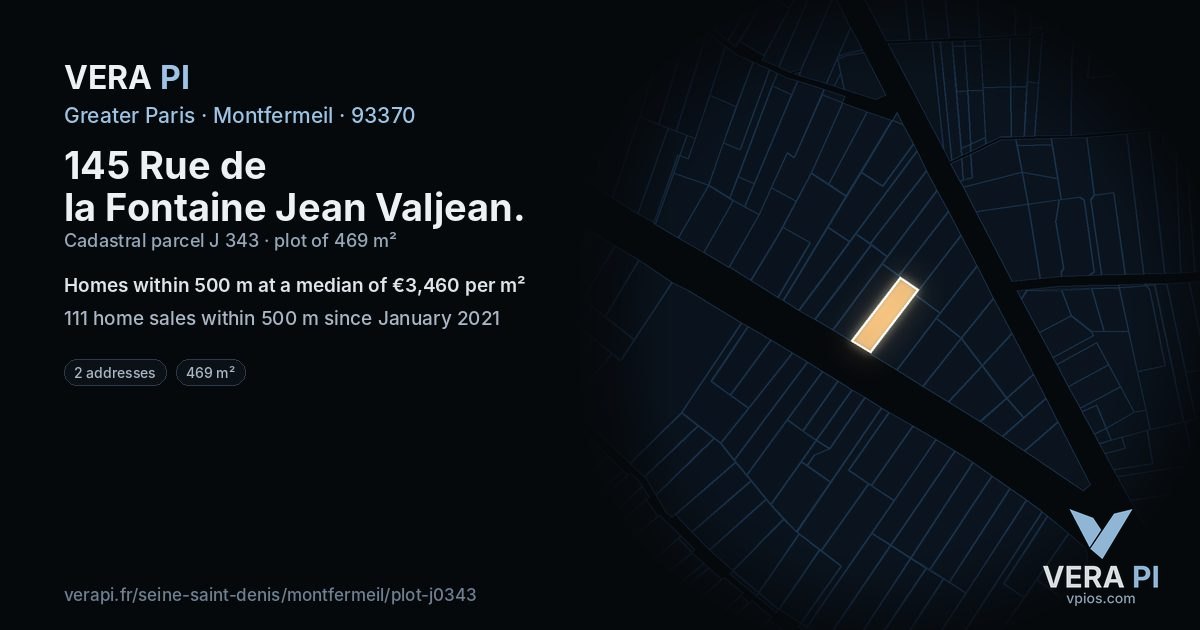 145 Rue de la Fontaine Jean Valjean, Montfermeil at night – the plot lit, the parcels around coloured by the prices near them