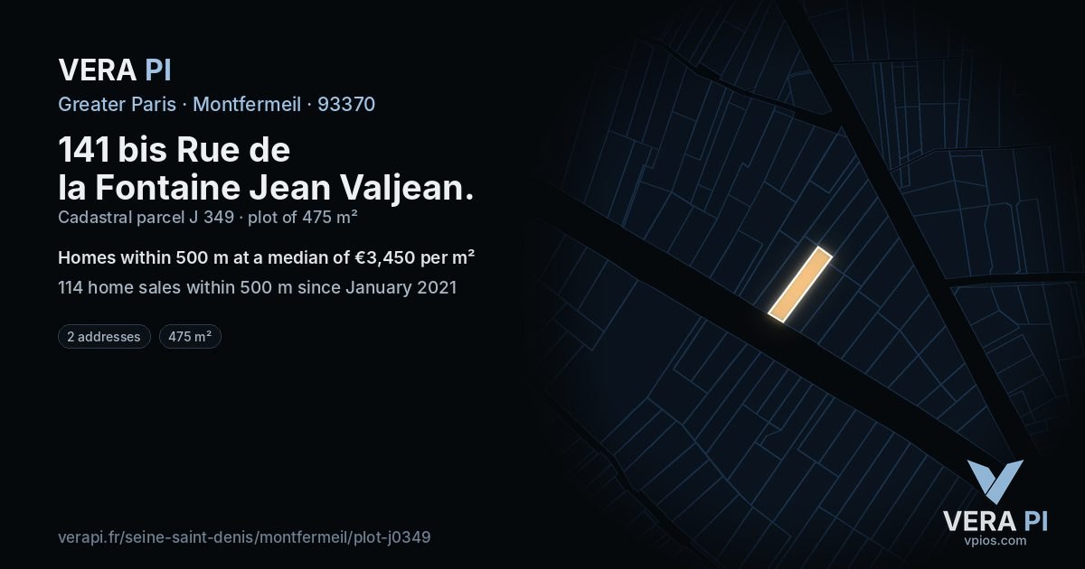 141 bis Rue de la Fontaine Jean Valjean, Montfermeil at night – the plot lit, the parcels around coloured by the prices near them