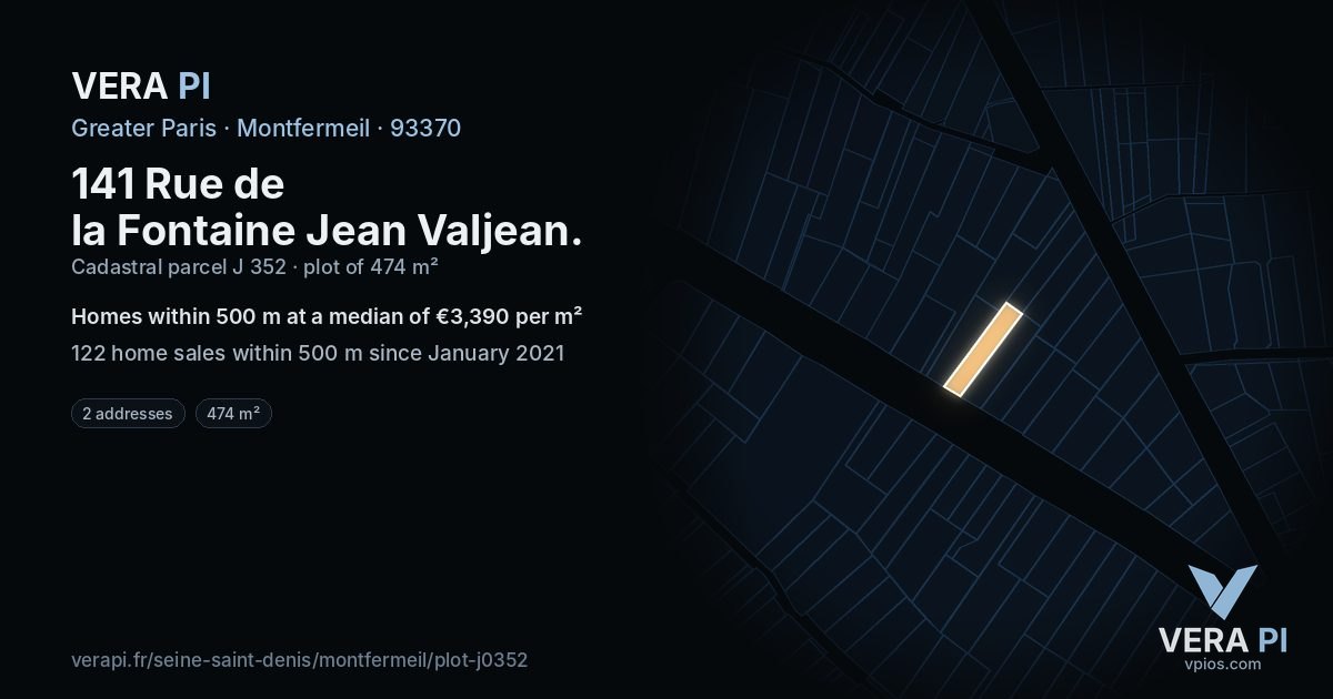 141 Rue de la Fontaine Jean Valjean, Montfermeil at night – the plot lit, the parcels around coloured by the prices near them