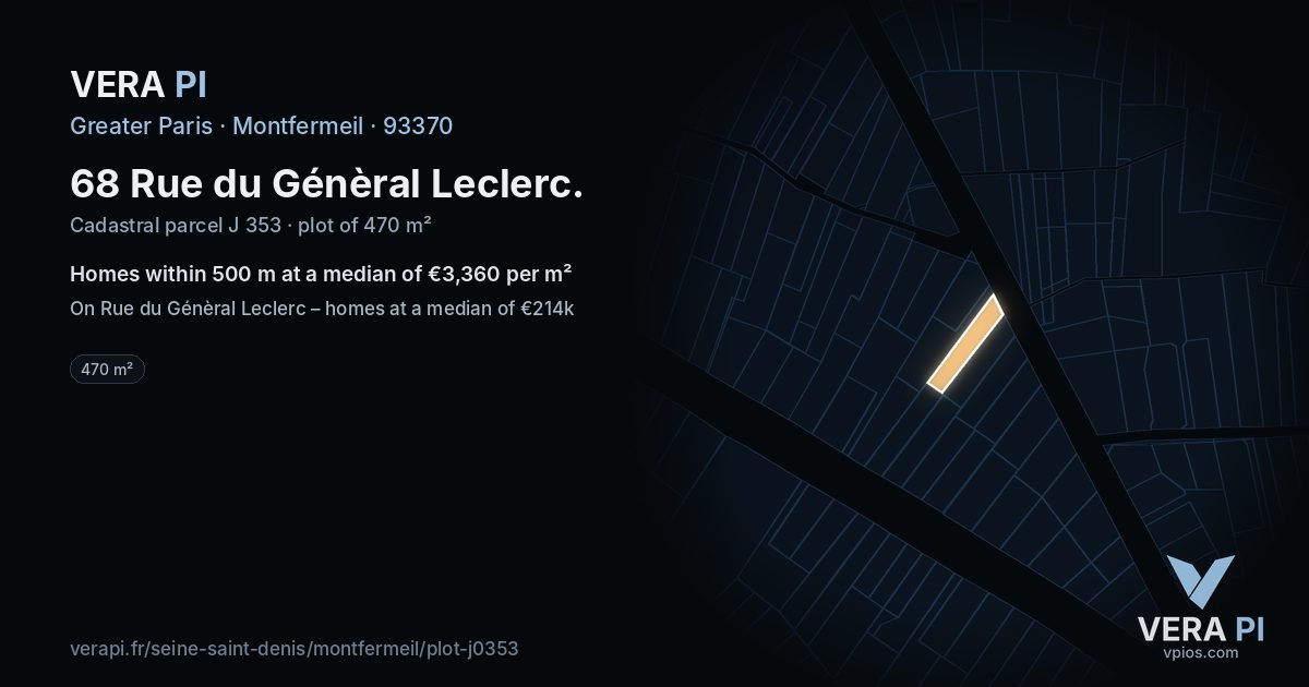 68 Rue du Génèral Leclerc, Montfermeil at night – the plot lit, the parcels around coloured by the prices near them