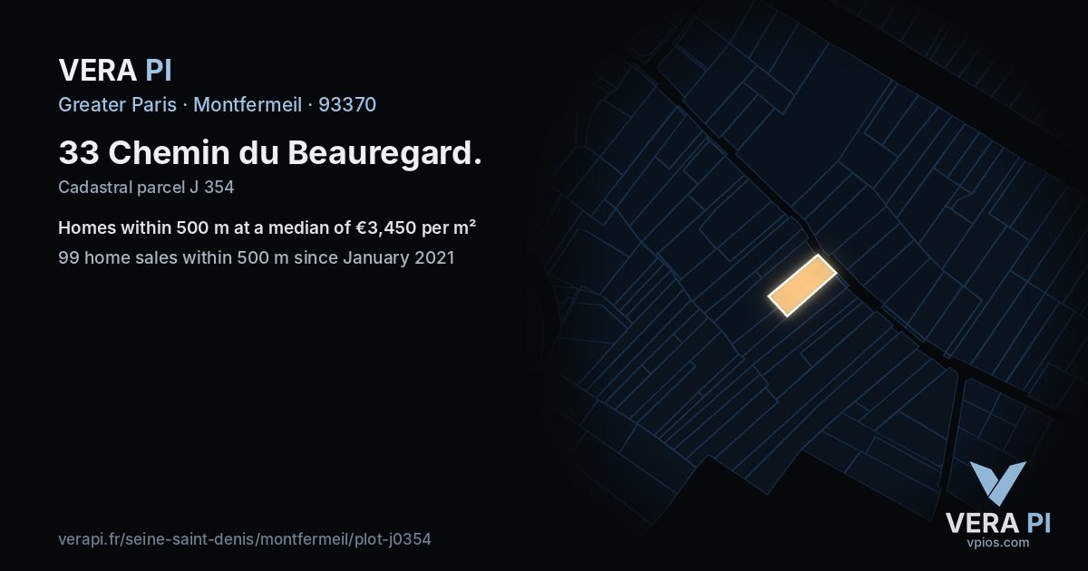 33 Chemin du Beauregard, Montfermeil at night – the plot lit, the parcels around coloured by the prices near them