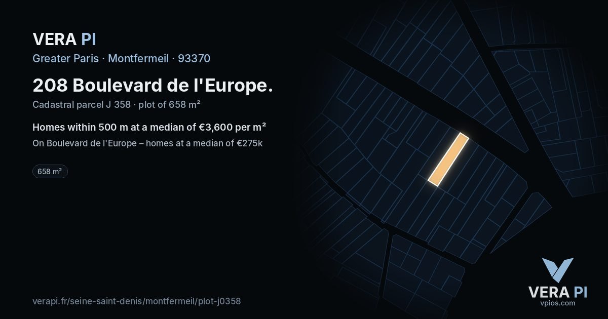 208 Boulevard de l'Europe, Montfermeil at night – the plot lit, the parcels around coloured by the prices near them