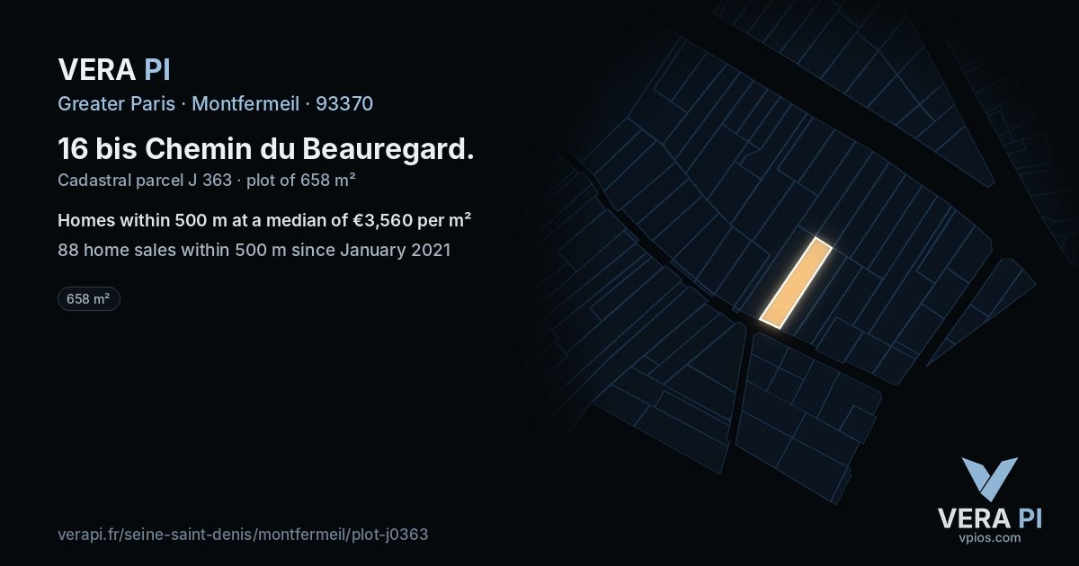 16 bis Chemin du Beauregard, Montfermeil at night – the plot lit, the parcels around coloured by the prices near them