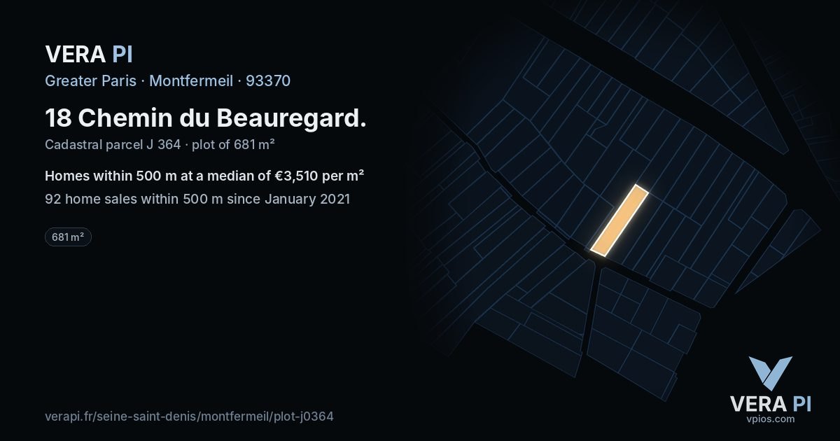 18 Chemin du Beauregard, Montfermeil at night – the plot lit, the parcels around coloured by the prices near them