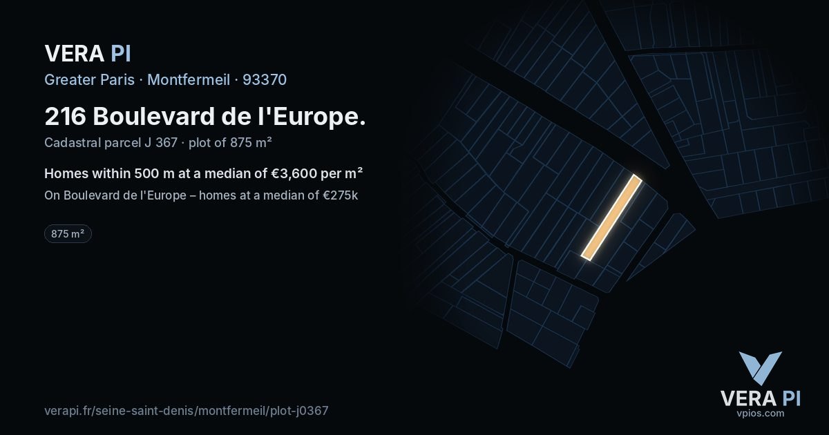 216 Boulevard de l'Europe, Montfermeil at night – the plot lit, the parcels around coloured by the prices near them