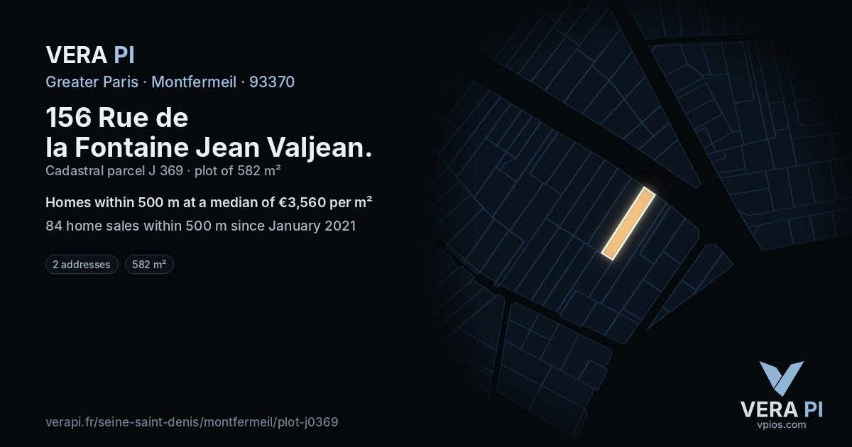 156 Rue de la Fontaine Jean Valjean, Montfermeil at night – the plot lit, the parcels around coloured by the prices near them