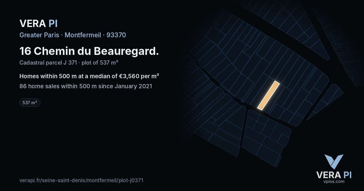 16 Chemin du Beauregard, Montfermeil at night – the plot lit, the parcels around coloured by the prices near them