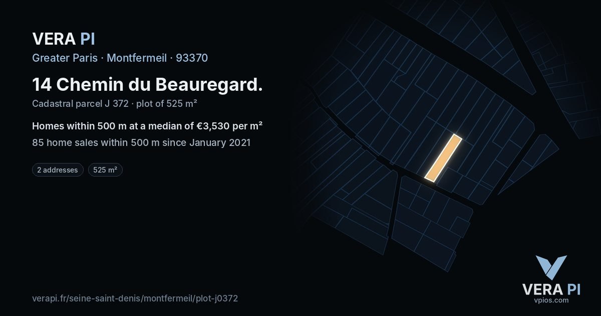 14 Chemin du Beauregard, Montfermeil at night – the plot lit, the parcels around coloured by the prices near them