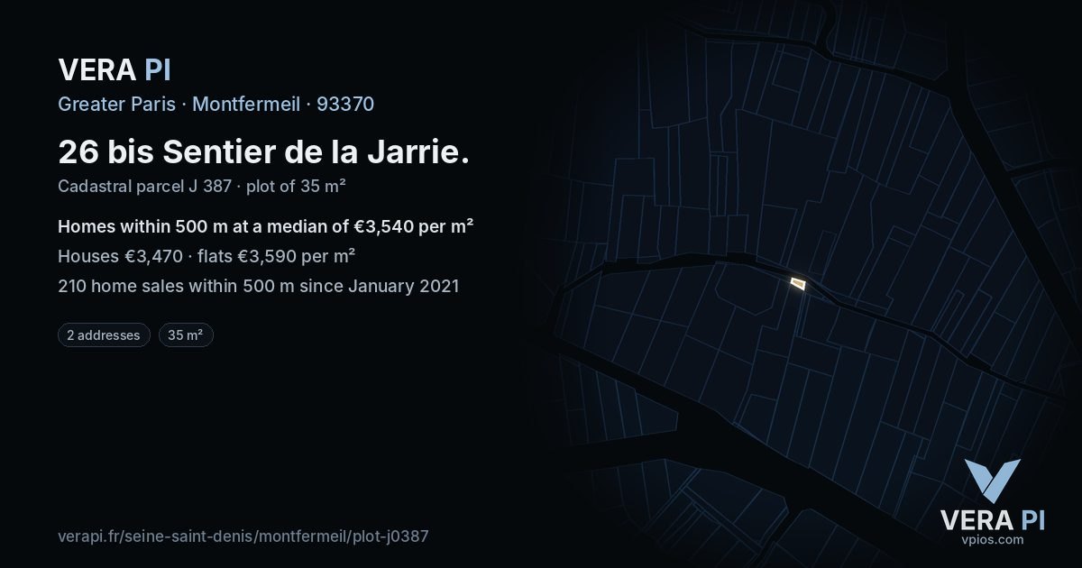 26 bis Sentier de la Jarrie, Montfermeil at night – the plot lit, the parcels around coloured by the prices near them