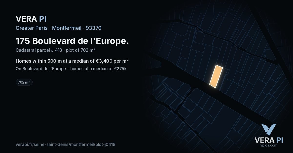 175 Boulevard de l'Europe, Montfermeil at night – the plot lit, the parcels around coloured by the prices near them
