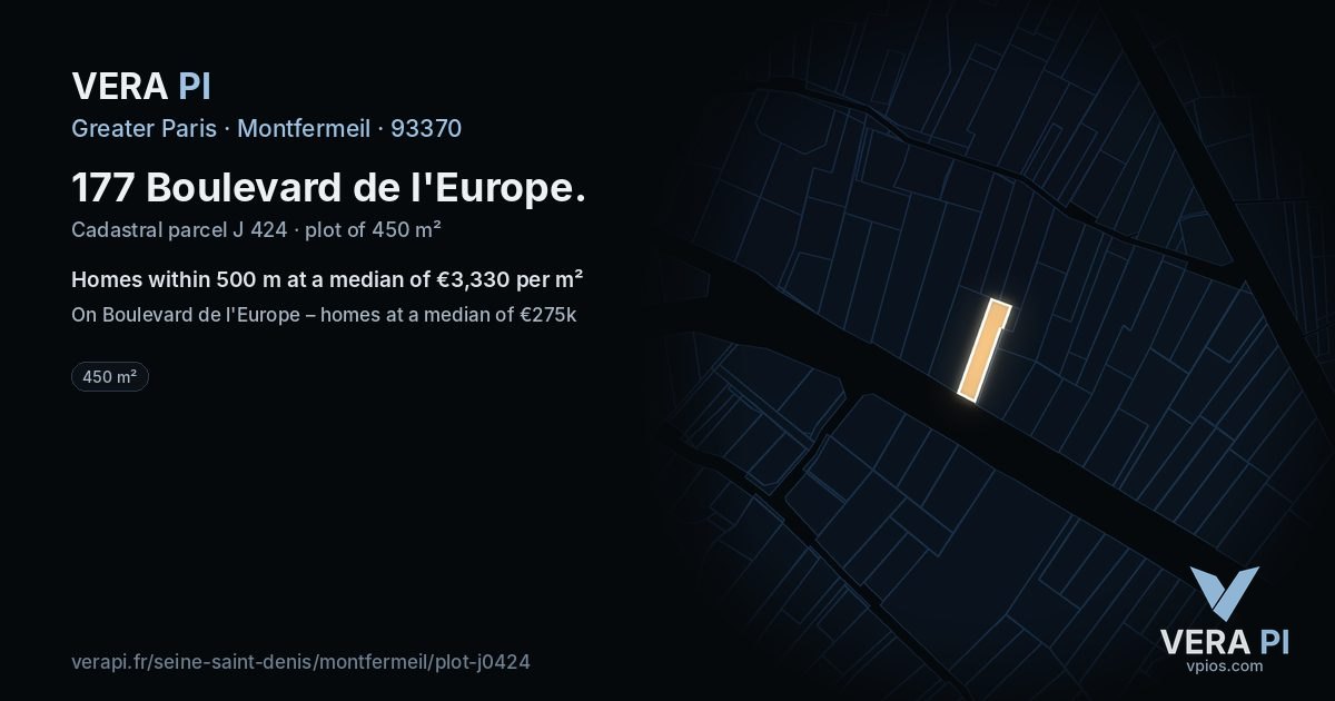 177 Boulevard de l'Europe, Montfermeil at night – the plot lit, the parcels around coloured by the prices near them