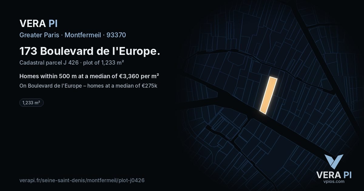 173 Boulevard de l'Europe, Montfermeil at night – the plot lit, the parcels around coloured by the prices near them