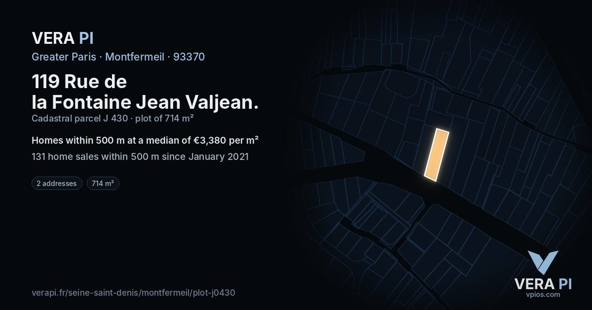 119 Rue de la Fontaine Jean Valjean, Montfermeil at night – the plot lit, the parcels around coloured by the prices near them