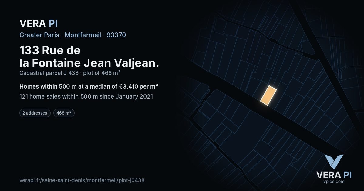 133 Rue de la Fontaine Jean Valjean, Montfermeil at night – the plot lit, the parcels around coloured by the prices near them