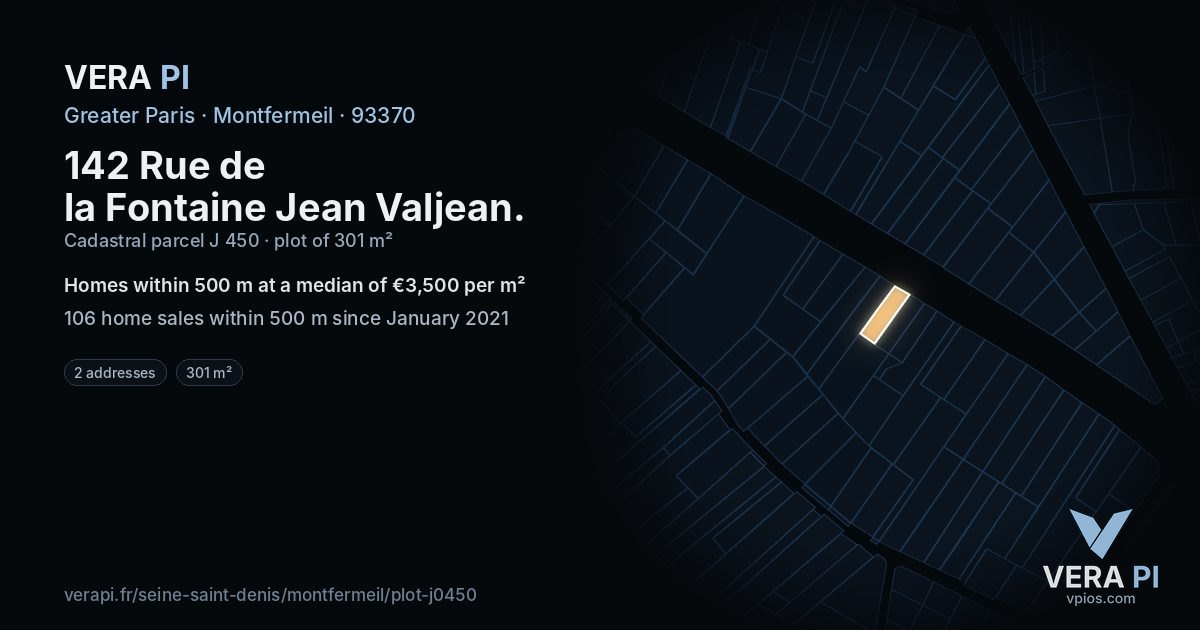 142 Rue de la Fontaine Jean Valjean, Montfermeil at night – the plot lit, the parcels around coloured by the prices near them