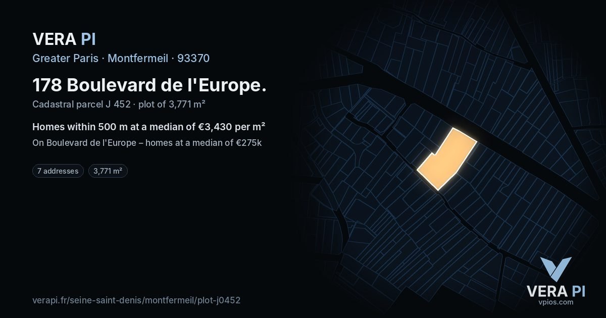 178 Boulevard de l'Europe, Montfermeil at night – the plot lit, the parcels around coloured by the prices near them
