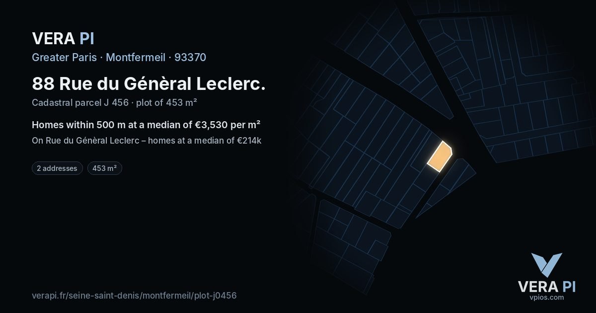 88 Rue du Génèral Leclerc, Montfermeil at night – the plot lit, the parcels around coloured by the prices near them