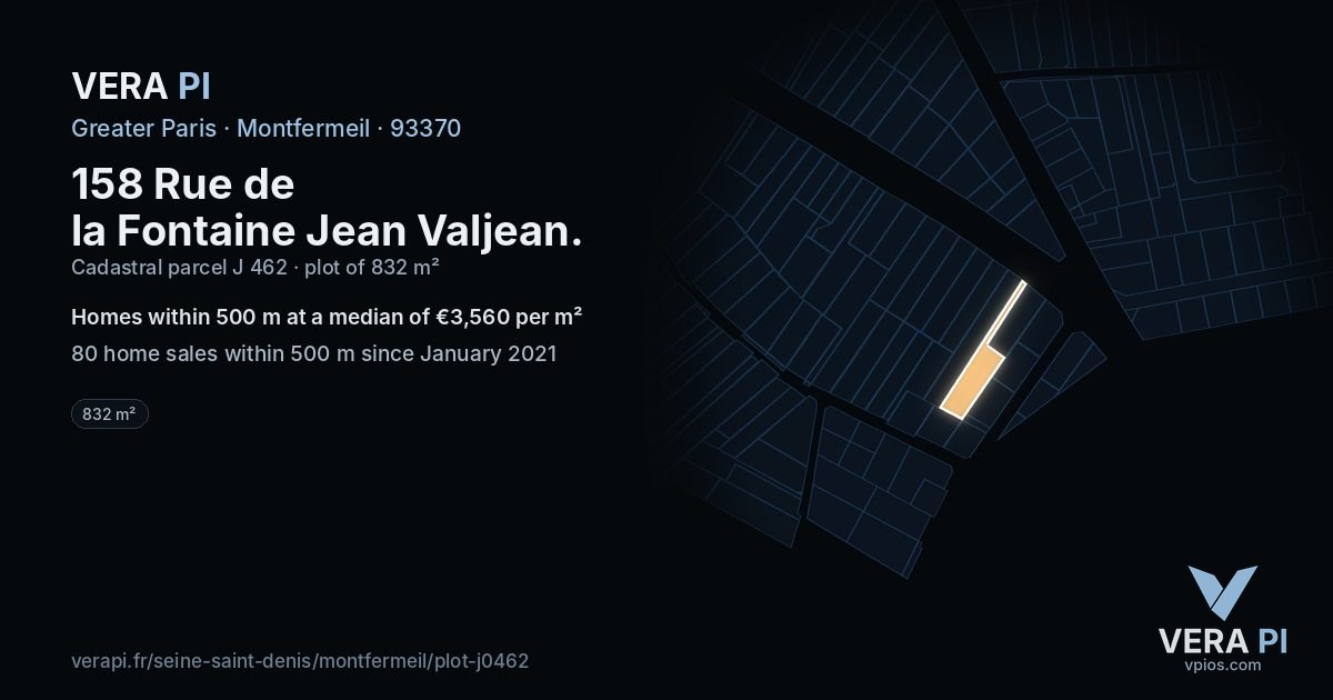 158 Rue de la Fontaine Jean Valjean, Montfermeil at night – the plot lit, the parcels around coloured by the prices near them