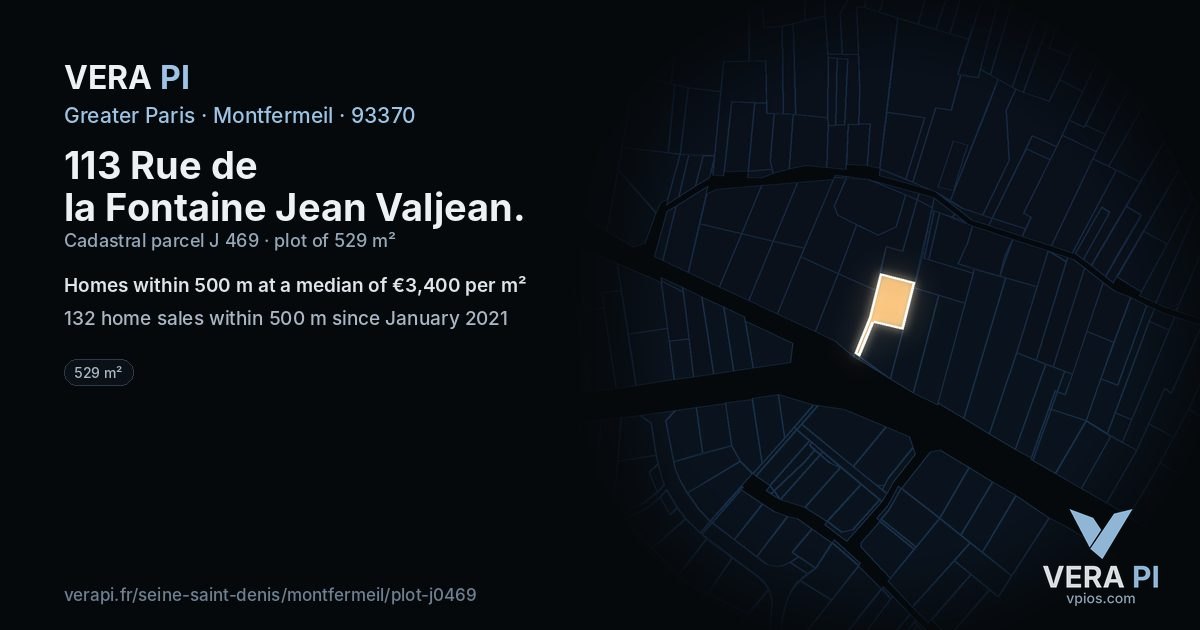 113 Rue de la Fontaine Jean Valjean, Montfermeil at night – the plot lit, the parcels around coloured by the prices near them
