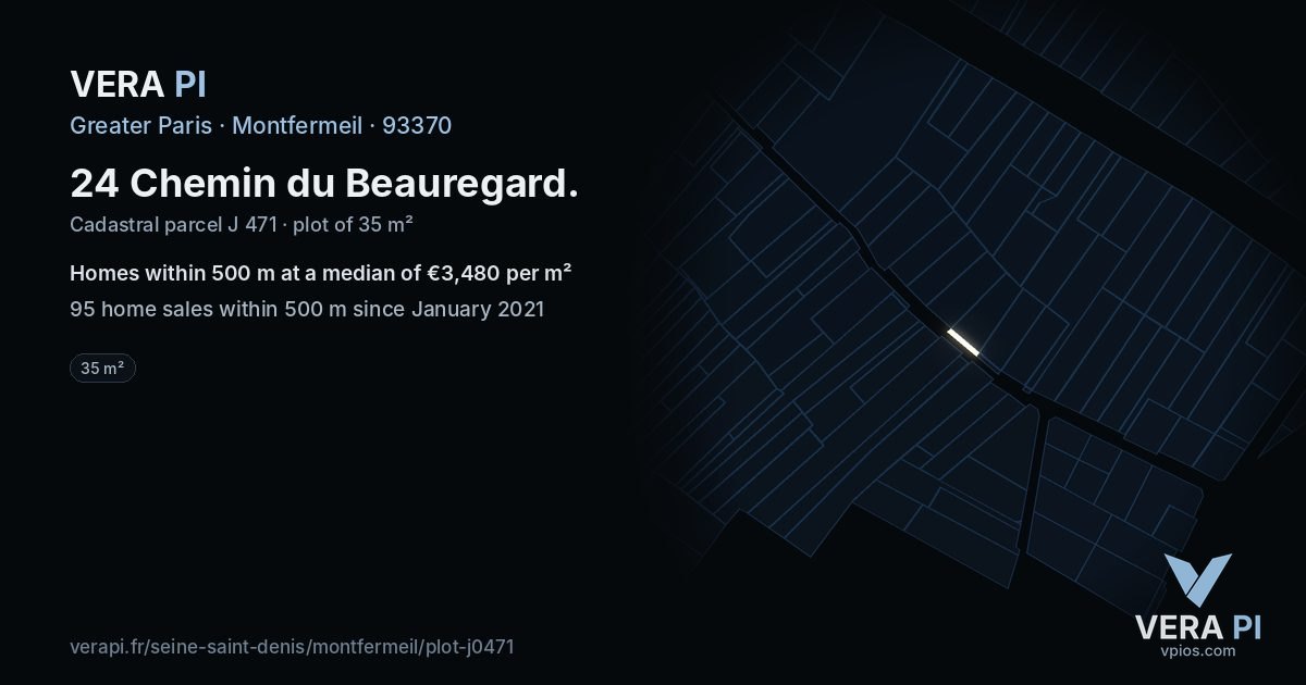 24 Chemin du Beauregard, Montfermeil at night – the plot lit, the parcels around coloured by the prices near them