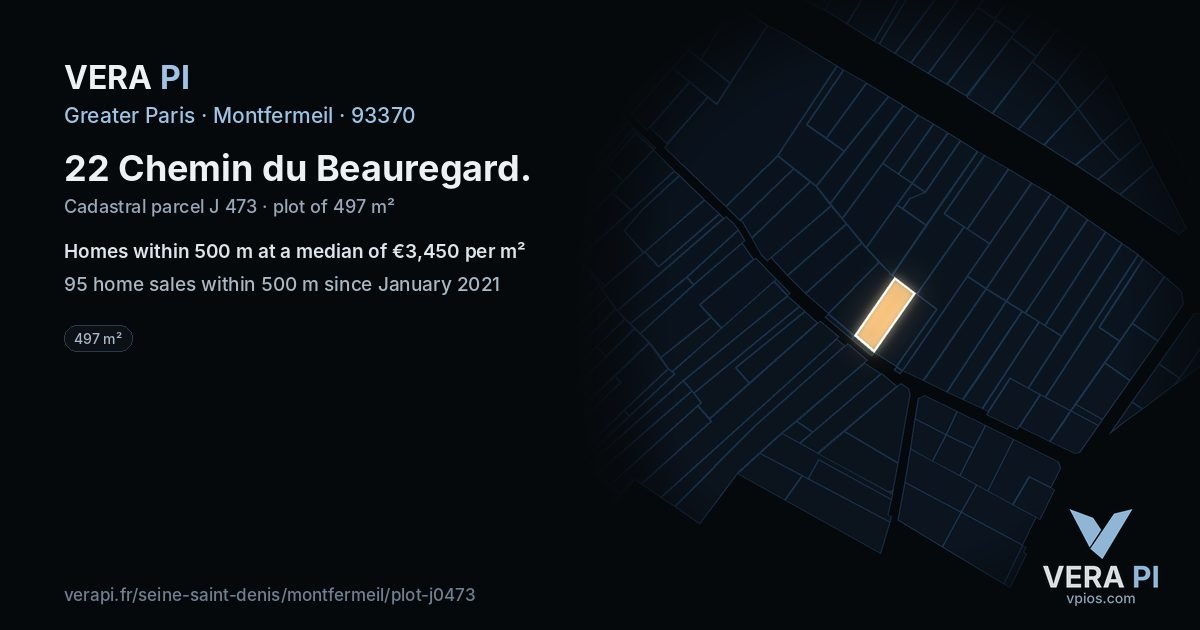 22 Chemin du Beauregard, Montfermeil at night – the plot lit, the parcels around coloured by the prices near them