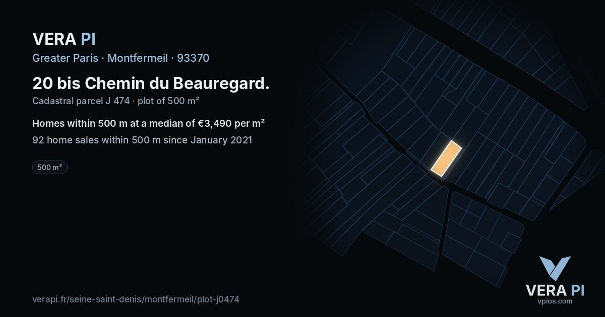 20 bis Chemin du Beauregard, Montfermeil at night – the plot lit, the parcels around coloured by the prices near them
