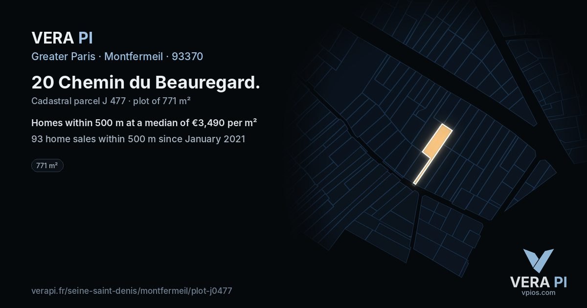 20 Chemin du Beauregard, Montfermeil at night – the plot lit, the parcels around coloured by the prices near them