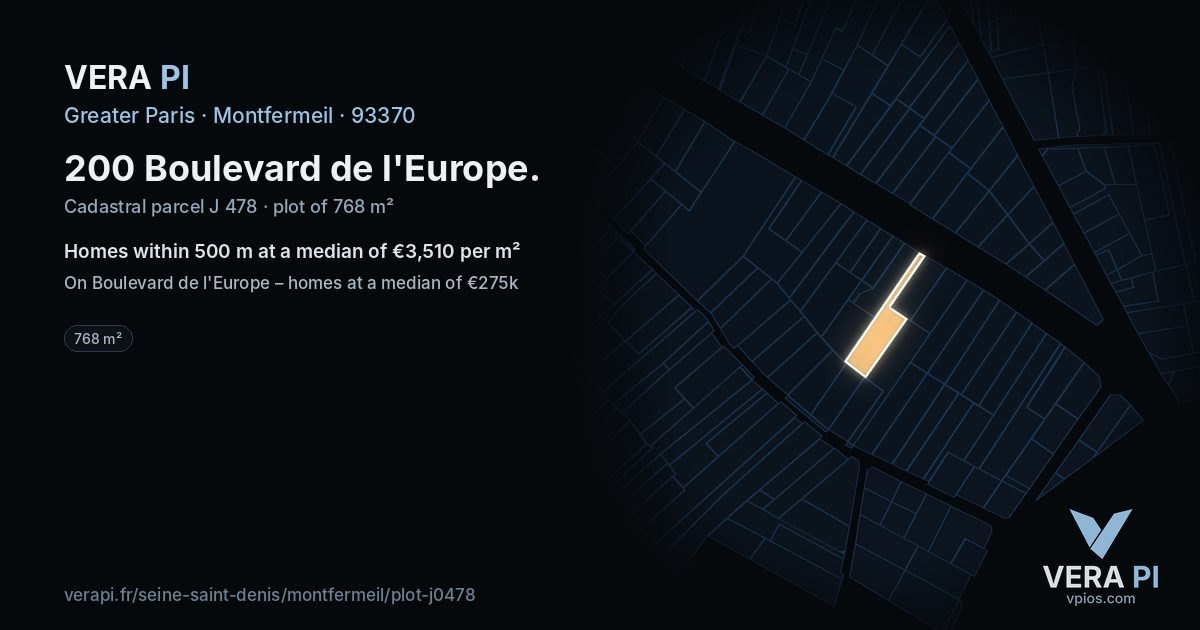 200 Boulevard de l'Europe, Montfermeil at night – the plot lit, the parcels around coloured by the prices near them