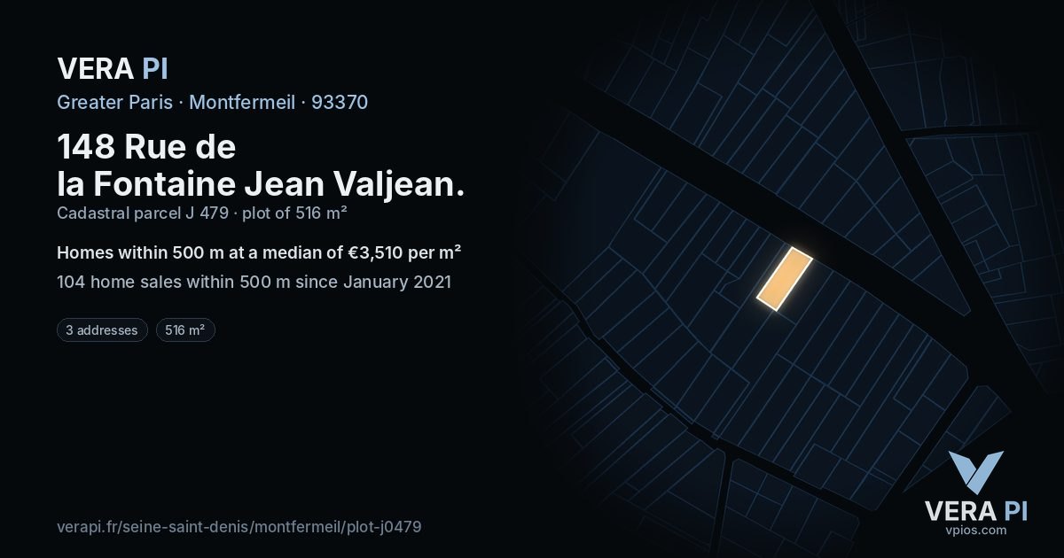 148 Rue de la Fontaine Jean Valjean, Montfermeil at night – the plot lit, the parcels around coloured by the prices near them