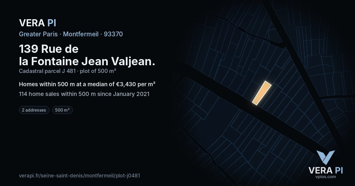 139 Rue de la Fontaine Jean Valjean, Montfermeil at night – the plot lit, the parcels around coloured by the prices near them