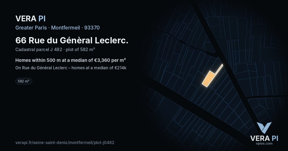 66 Rue du Génèral Leclerc, Montfermeil at night – the plot lit, the parcels around coloured by the prices near them