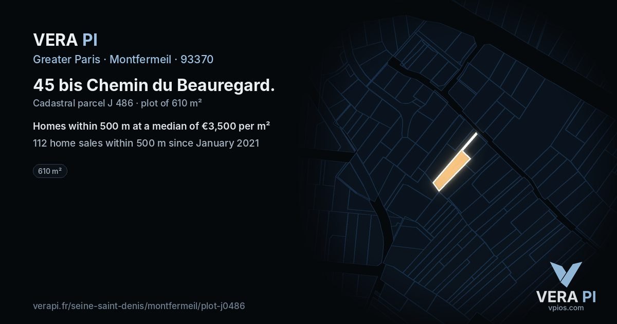 45 bis Chemin du Beauregard, Montfermeil at night – the plot lit, the parcels around coloured by the prices near them