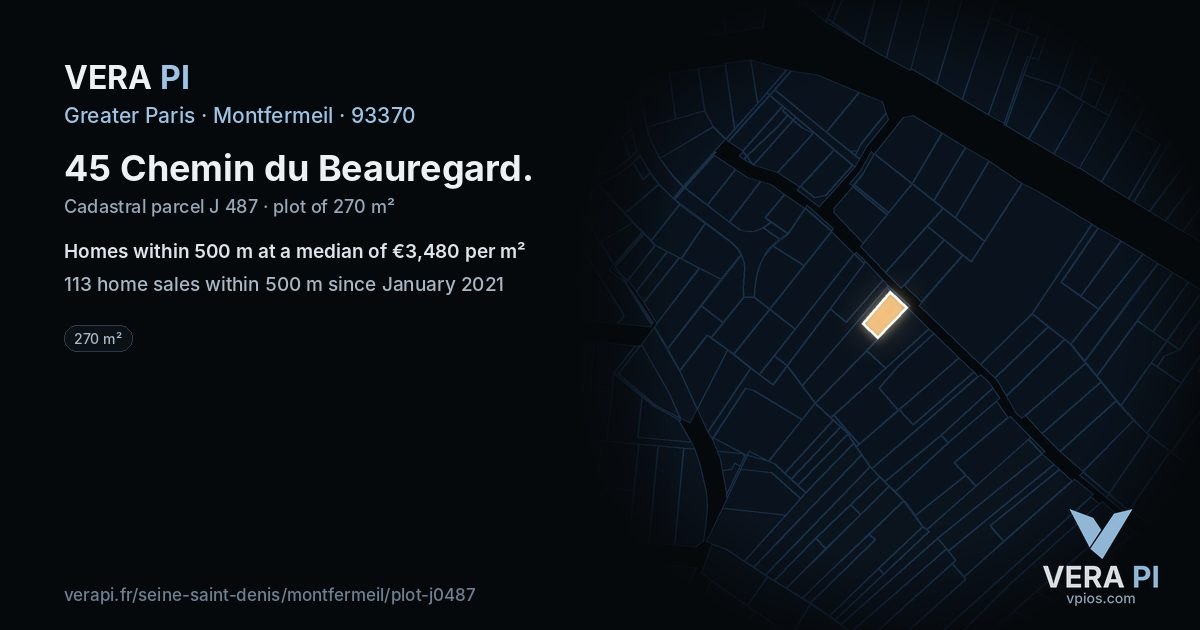 45 Chemin du Beauregard, Montfermeil at night – the plot lit, the parcels around coloured by the prices near them