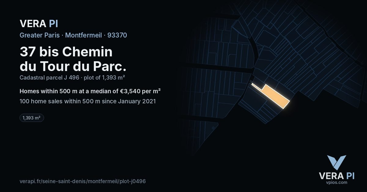 37 bis Chemin du Tour du Parc, Montfermeil at night – the plot lit, the parcels around coloured by the prices near them