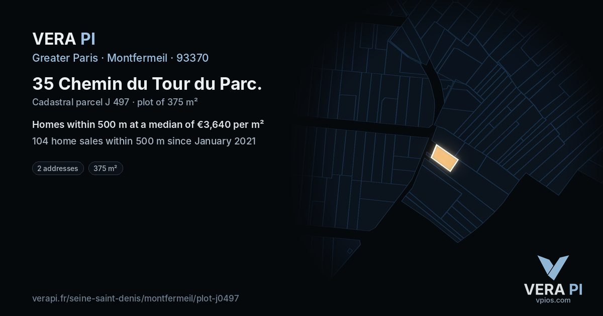 35 Chemin du Tour du Parc, Montfermeil at night – the plot lit, the parcels around coloured by the prices near them