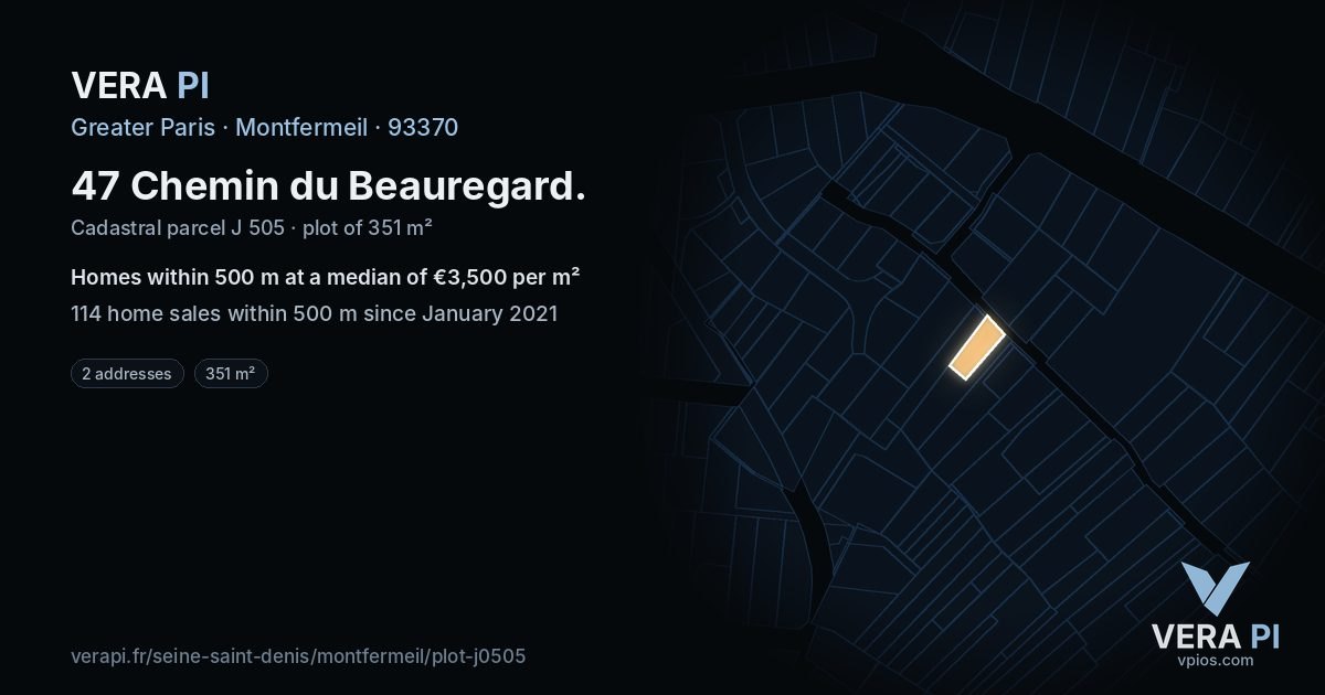 47 Chemin du Beauregard, Montfermeil at night – the plot lit, the parcels around coloured by the prices near them