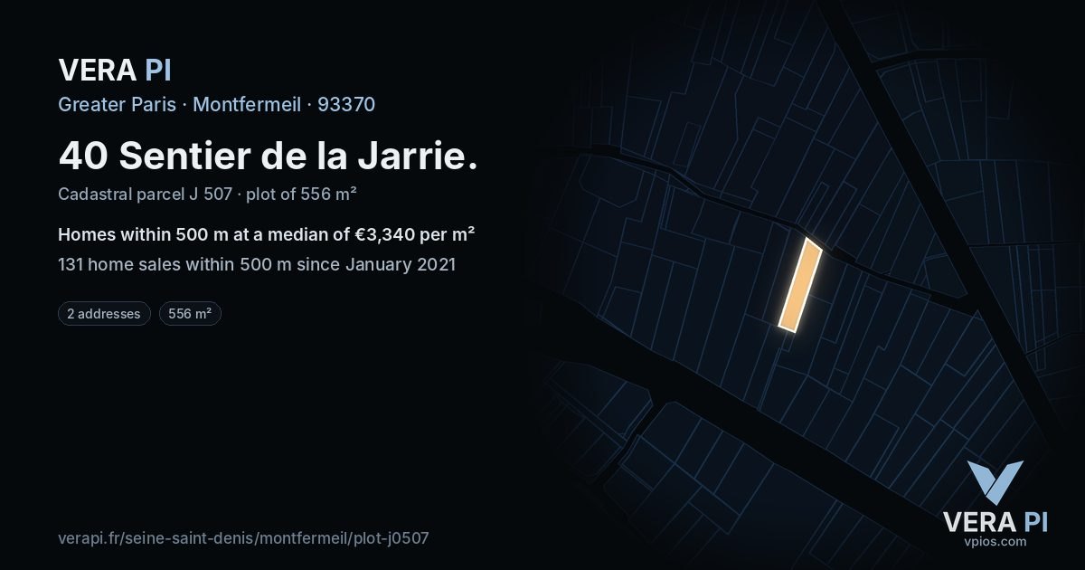40 Sentier de la Jarrie, Montfermeil at night – the plot lit, the parcels around coloured by the prices near them