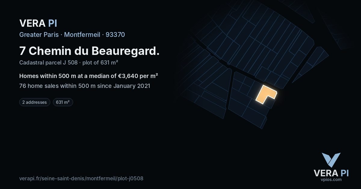 7 Chemin du Beauregard, Montfermeil at night – the plot lit, the parcels around coloured by the prices near them