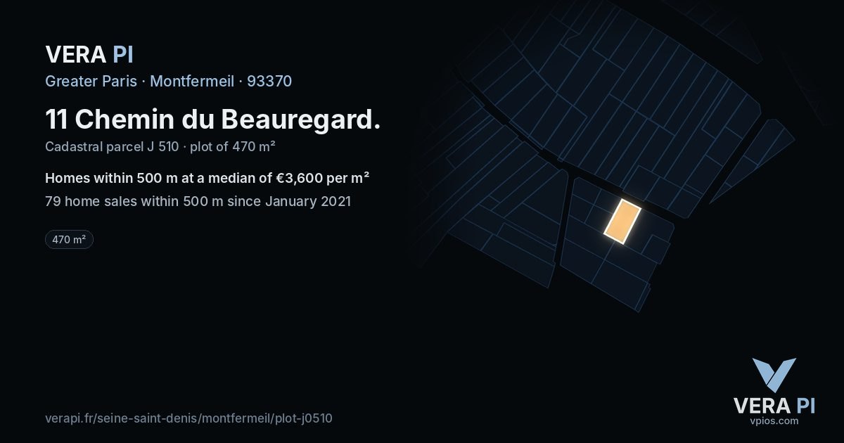 11 Chemin du Beauregard, Montfermeil at night – the plot lit, the parcels around coloured by the prices near them