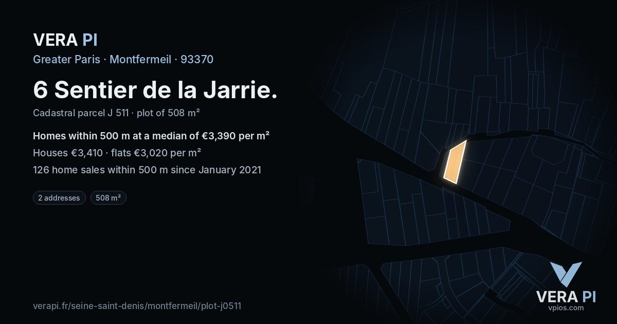 6 Sentier de la Jarrie, Montfermeil at night – the plot lit, the parcels around coloured by the prices near them