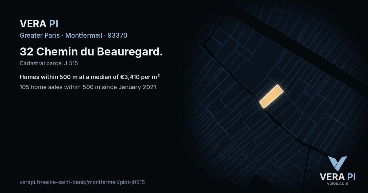 32 Chemin du Beauregard, Montfermeil at night – the plot lit, the parcels around coloured by the prices near them