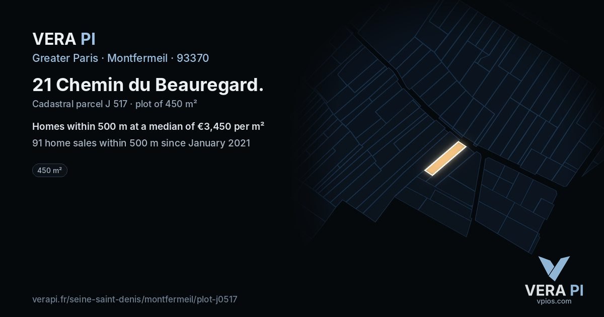 21 Chemin du Beauregard, Montfermeil at night – the plot lit, the parcels around coloured by the prices near them